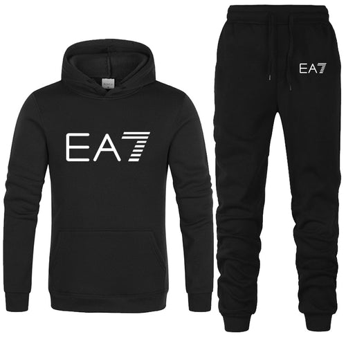 New 2019 Brand Tracksuit Fashion EA7 Men Sportswear Two Piece Sets All Cotton Fleece Thick hoodie+Pants Sporting Suit Male